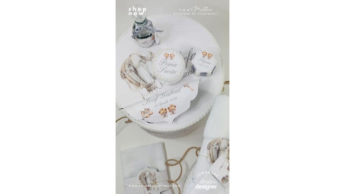 Trusou botez cu balon de aer cald baroc alb și ursuleți 10